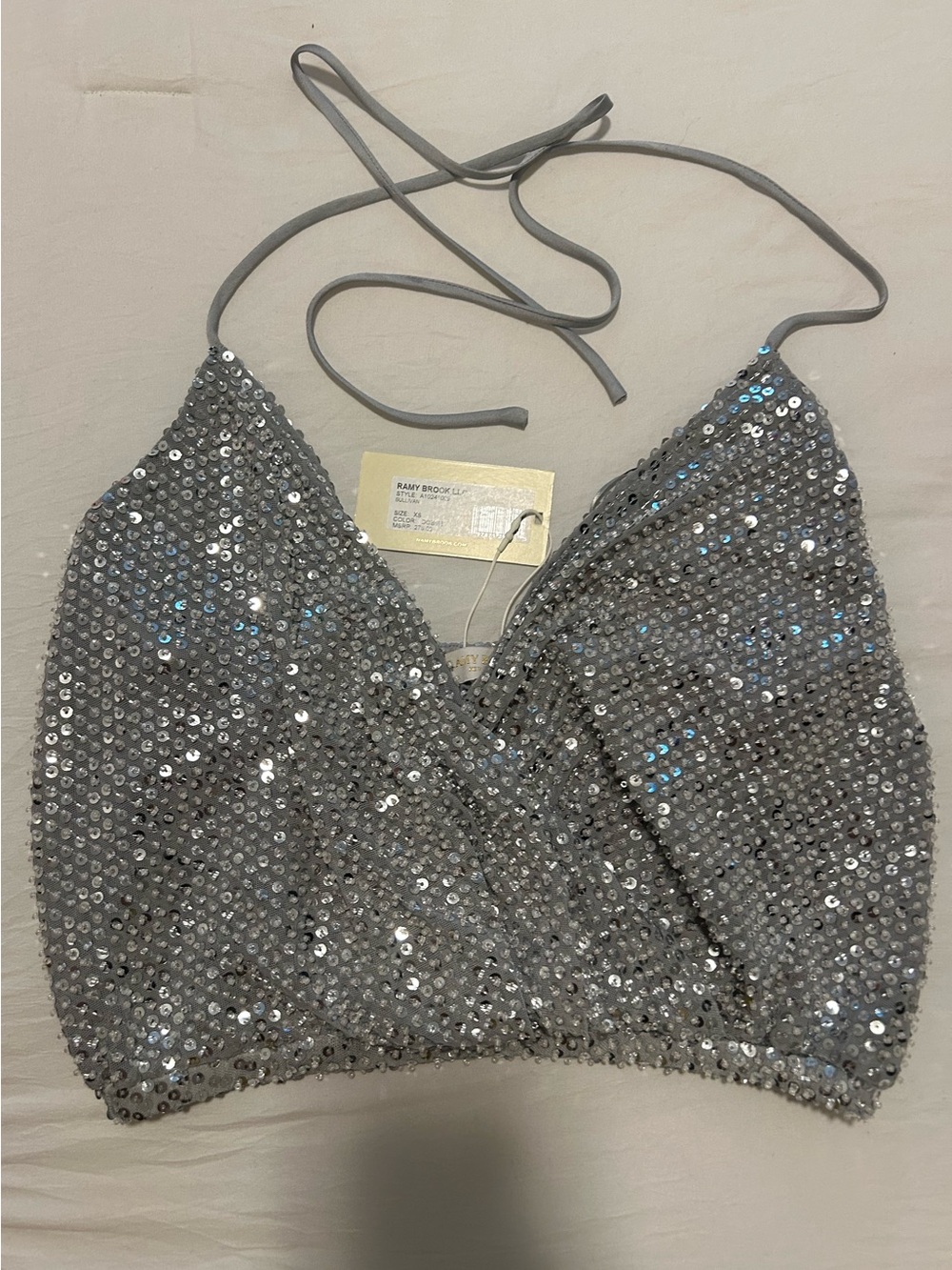 Ramy Brook Silver Sequin Halter Crop Top